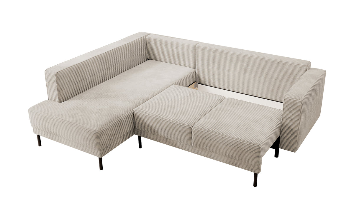 Canapé d'angle Rodario avec fonction couchage et coffre de rangement, velours côtelé beige foncé, orientation gauche