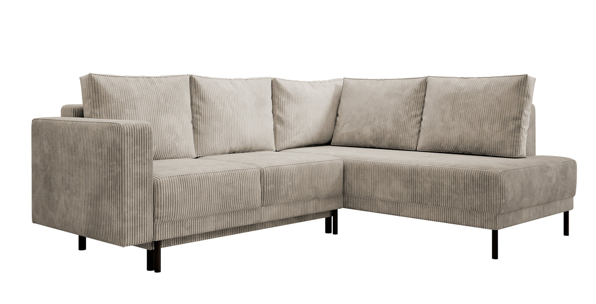 Canapé d'angle Rodario avec fonction couchage et coffre de rangement, velours côtelé beige foncé, orientation droite