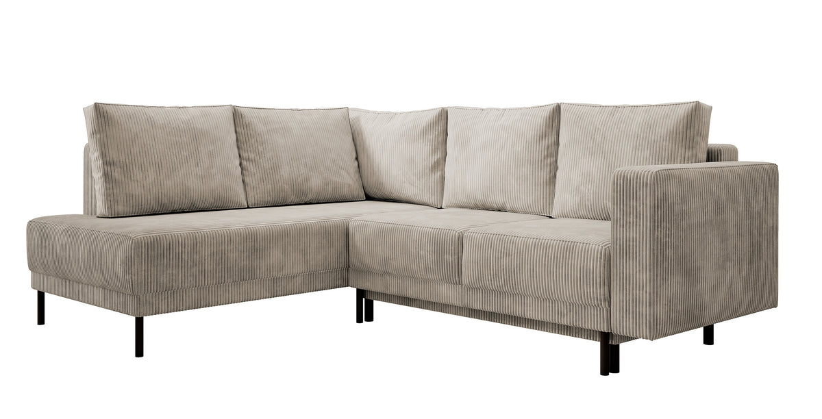 Canapé d'angle Rodario avec fonction couchage et coffre de rangement, velours côtelé beige foncé, orientation gauche
