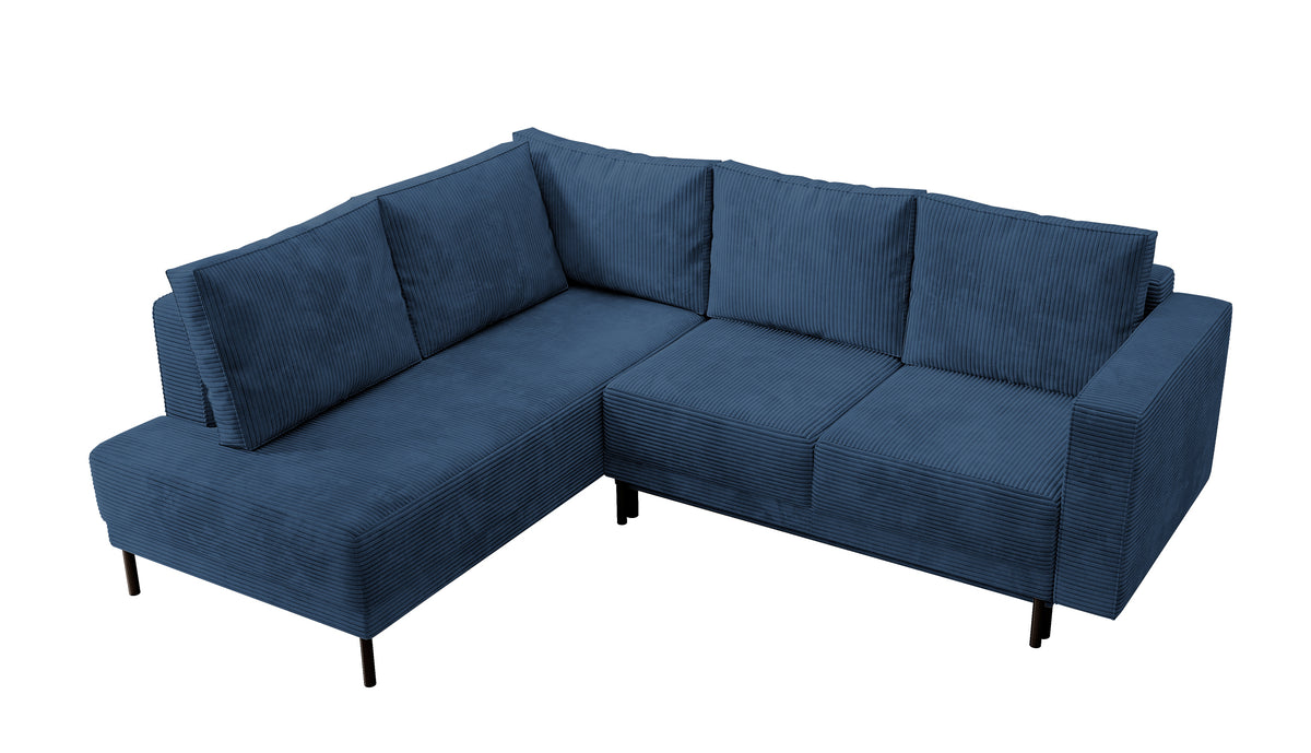 Canapé d'angle Rodario avec fonction couchage et coffre de rangement, velours côtelé bleu marine, côté gauche