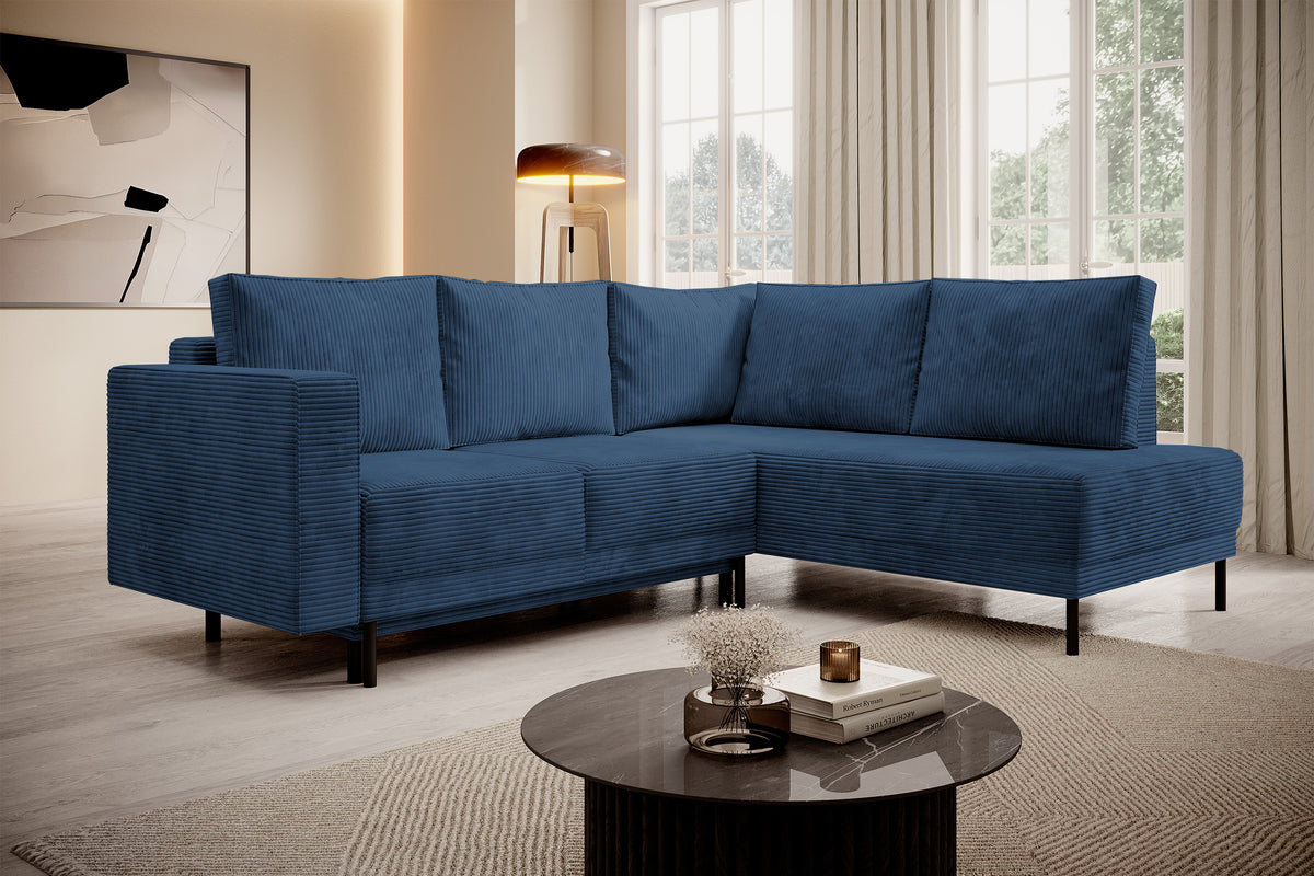 Ecksofa Rodario mit Schlaffunktion und Bettkasten, dunkelblauer Cord, rechtsseitig