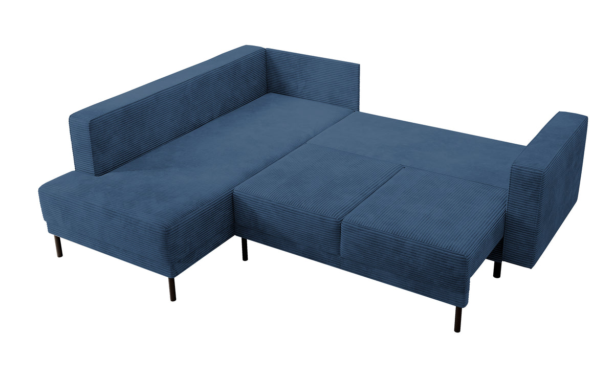 Canapé d'angle Rodario avec fonction couchage et coffre de rangement, velours côtelé bleu marine, côté gauche