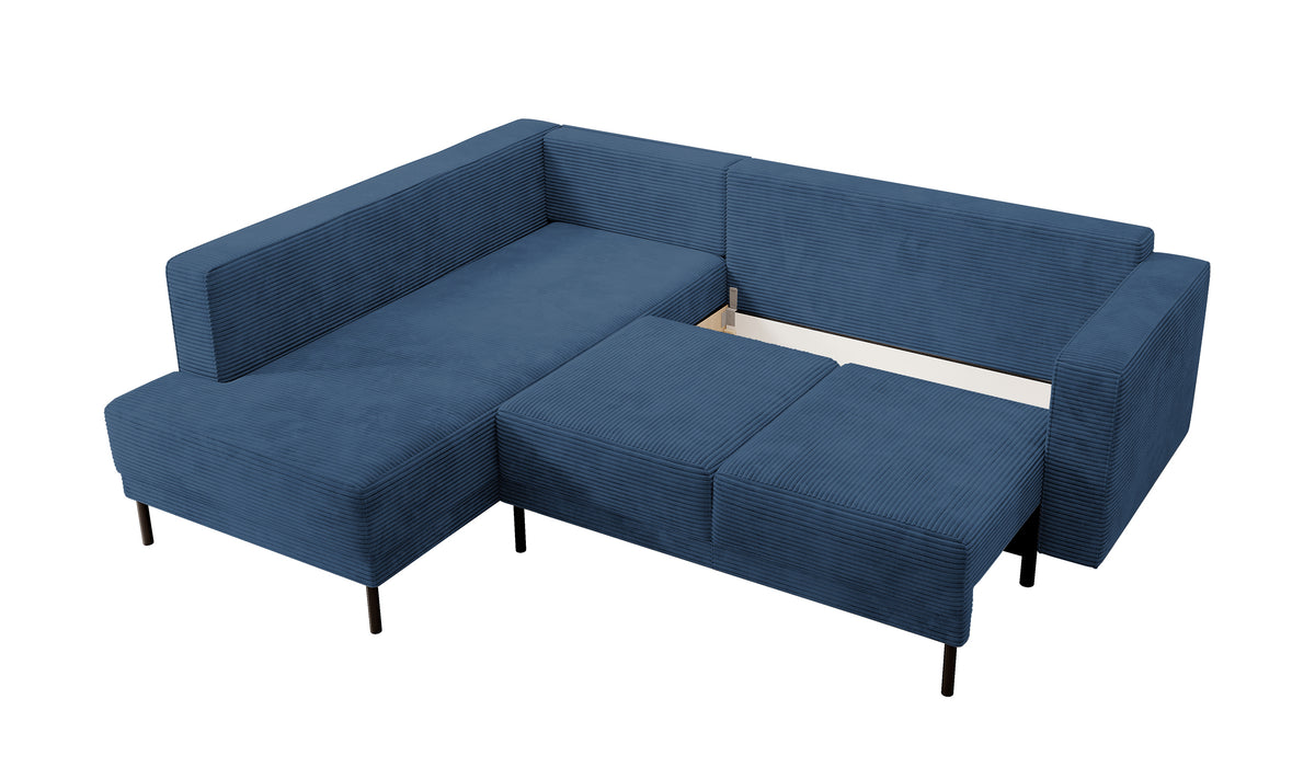 Canapé d'angle Rodario avec fonction couchage et coffre de rangement, velours côtelé bleu marine, côté gauche