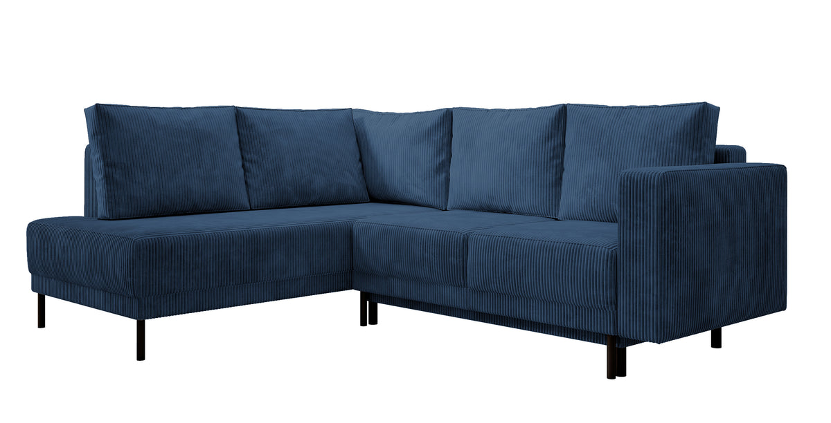 Canapé d'angle Rodario avec fonction couchage et coffre de rangement, velours côtelé bleu marine, côté gauche