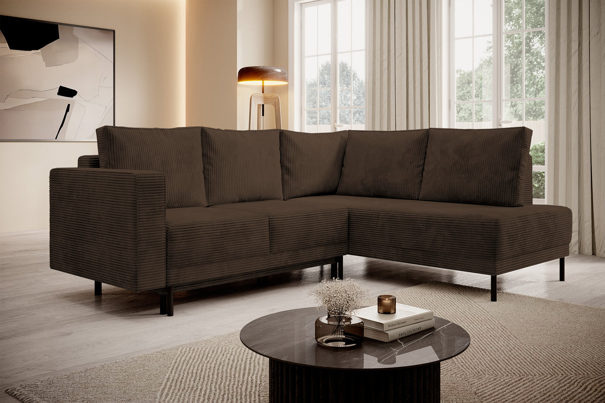 Ecksofa Rodario mit Schlafunktion und Bettkasten, dunkelbrauner Cord, rechtsseitig