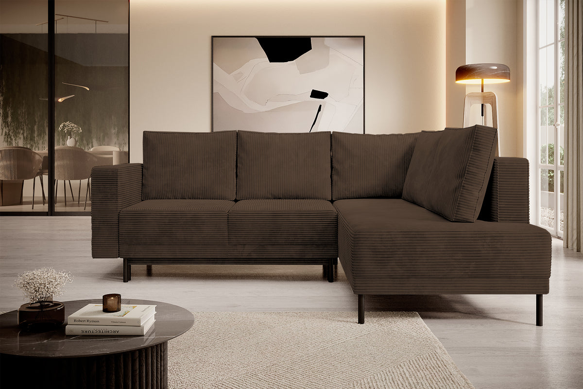 Ecksofa Rodario mit Schlafunktion und Bettkasten, dunkelbrauner Cord, rechtsseitig