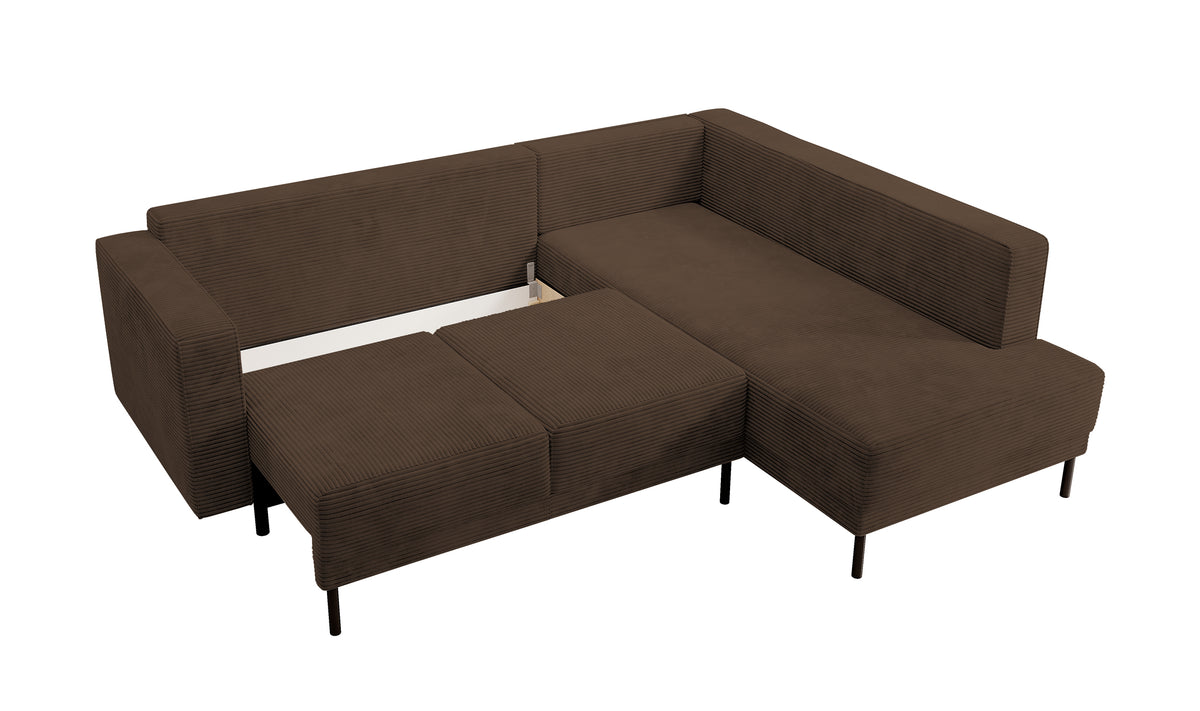 Ecksofa Rodario mit Schlafunktion und Bettkasten, dunkelbrauner Cord, rechtsseitig