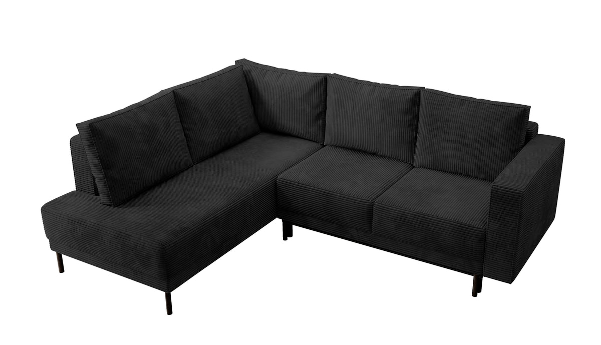 Ecksofa Rodario mit Schlaffunktion und Bettkasten, schwarzer Cord, linksseitig