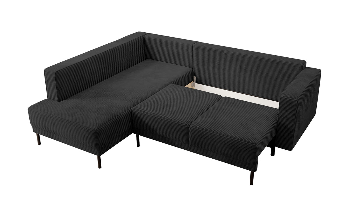 Ecksofa Rodario mit Schlaffunktion und Bettkasten, schwarzer Cord, linksseitig