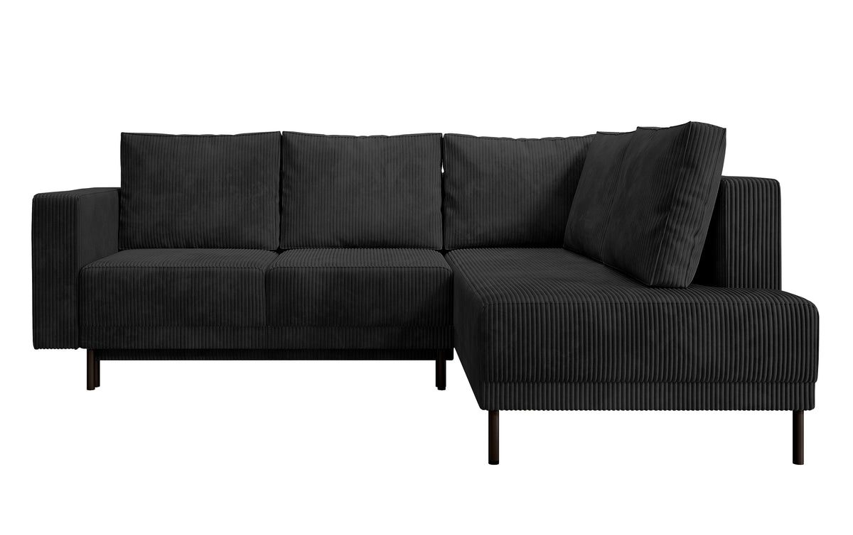 Canapé d'angle Rodario avec fonction couchage et coffre de rangement, velours côtelé noir, orientation droite
