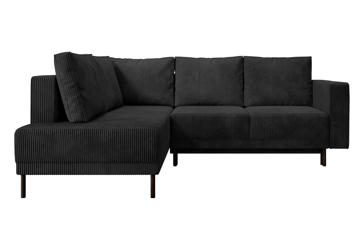 Ecksofa Rodario mit Schlaffunktion und Bettkasten, schwarzer Cord, linksseitig