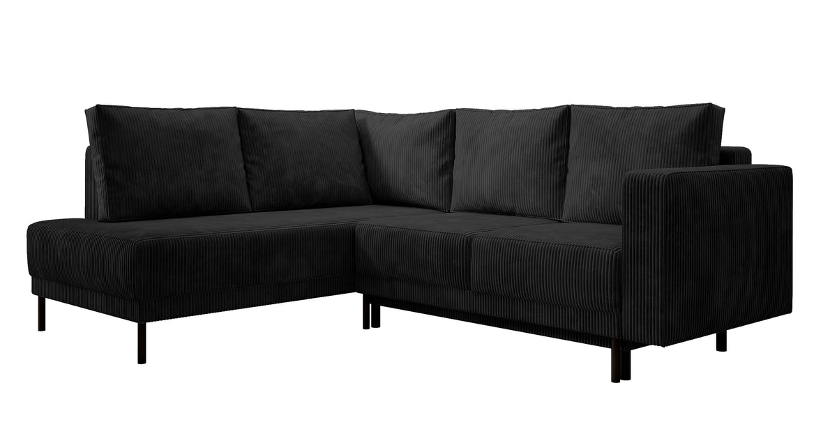 Ecksofa Rodario mit Schlaffunktion und Bettkasten, schwarzer Cord, linksseitig
