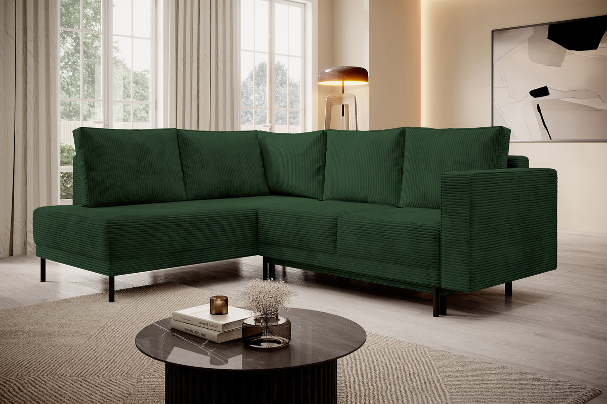 Ecksofa Rodario mit Schlaffunktion und Bettkasten, dunkelgrüner Cord, linksseitig