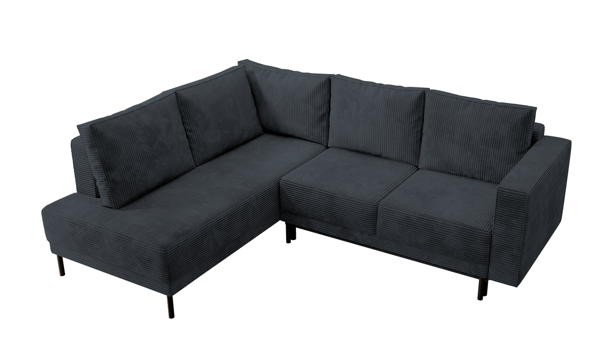 Canapé d'angle Rodario avec fonction couchage et coffre de rangement, velours côtelé gris foncé, orientation gauche