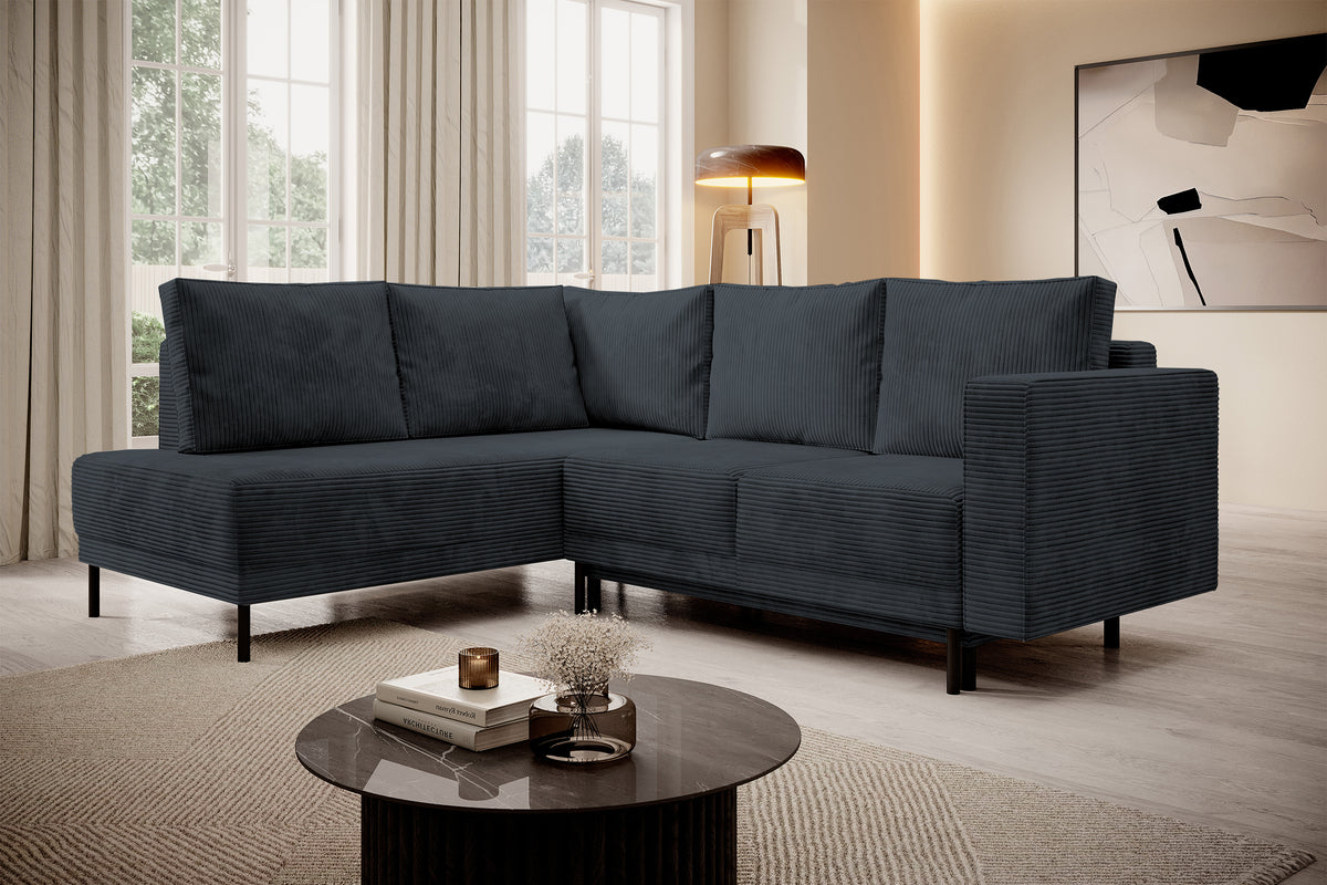 Canapé d'angle Rodario avec fonction couchage et coffre de rangement, velours côtelé gris foncé, orientation gauche