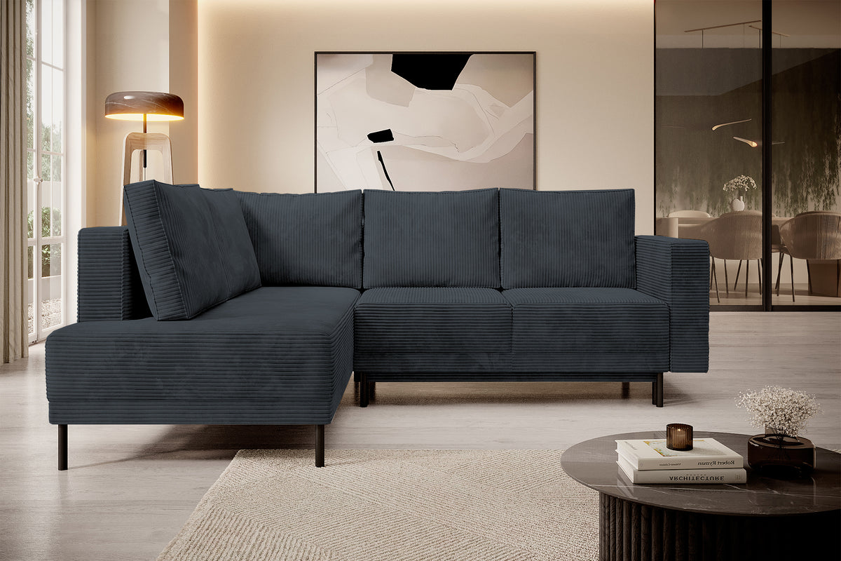 Canapé d'angle Rodario avec fonction couchage et coffre de rangement, velours côtelé gris foncé, orientation gauche