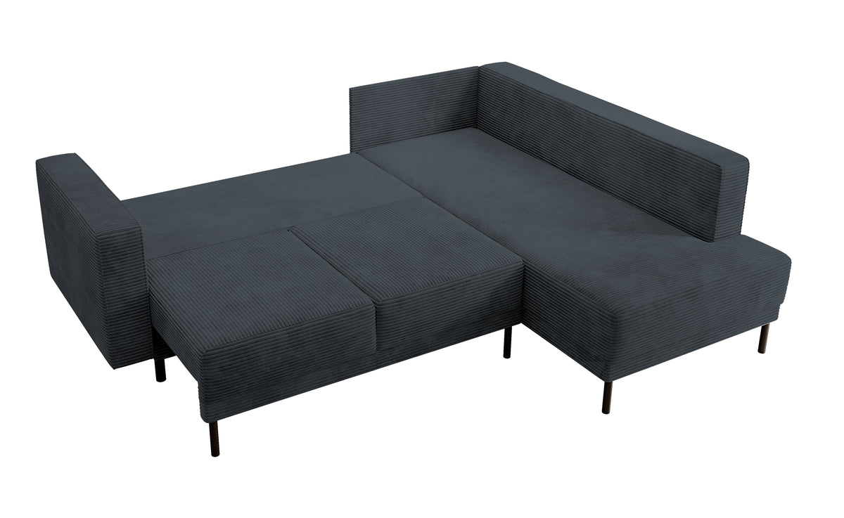 Ecksofa Rodario mit Schlafunktion und Bettkasten, dunkelgrauer Cord, rechtsseitig