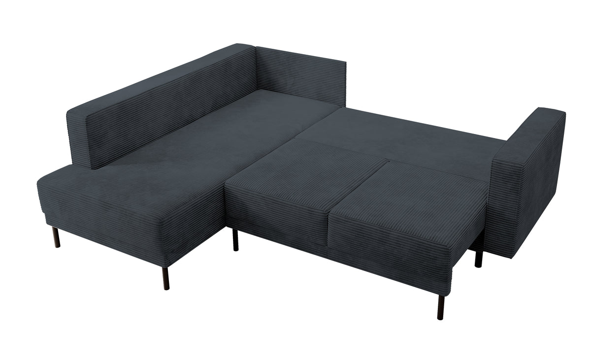 Canapé d'angle Rodario avec fonction couchage et coffre de rangement, velours côtelé gris foncé, orientation gauche