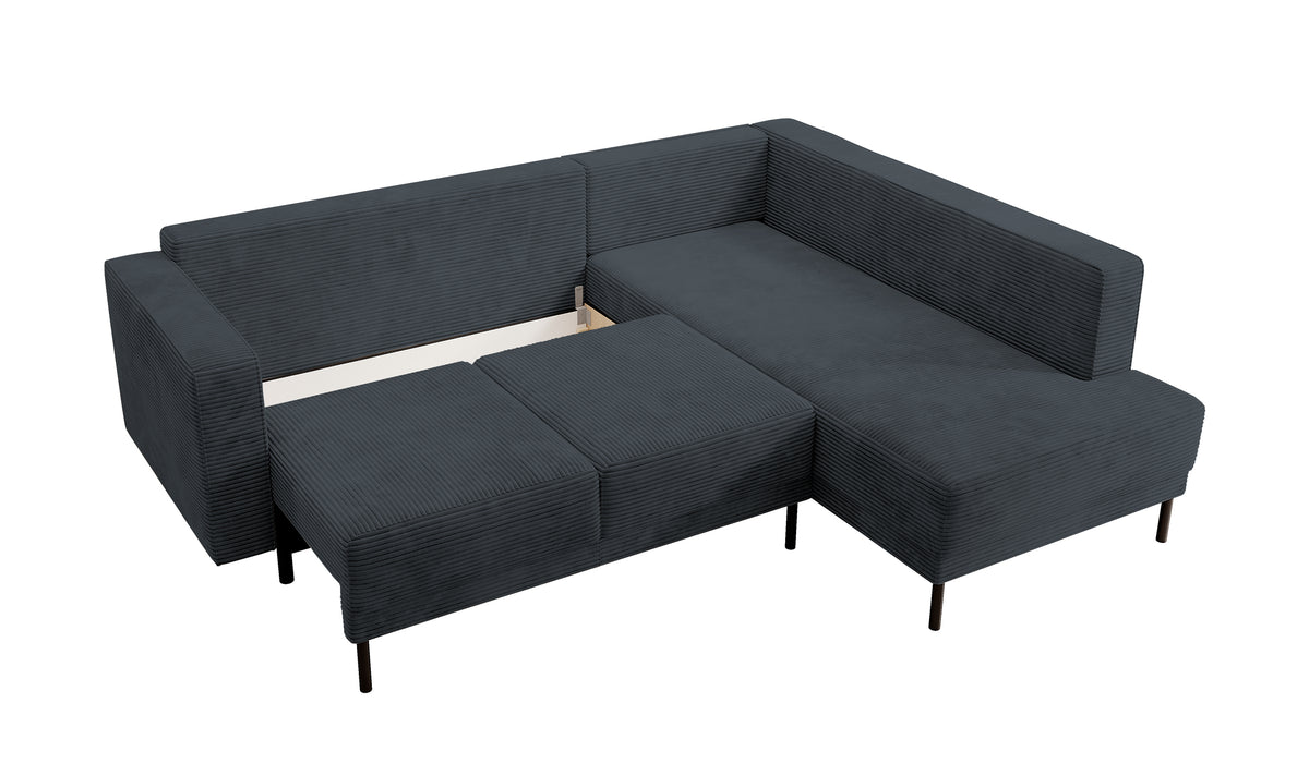 Ecksofa Rodario mit Schlafunktion und Bettkasten, dunkelgrauer Cord, rechtsseitig