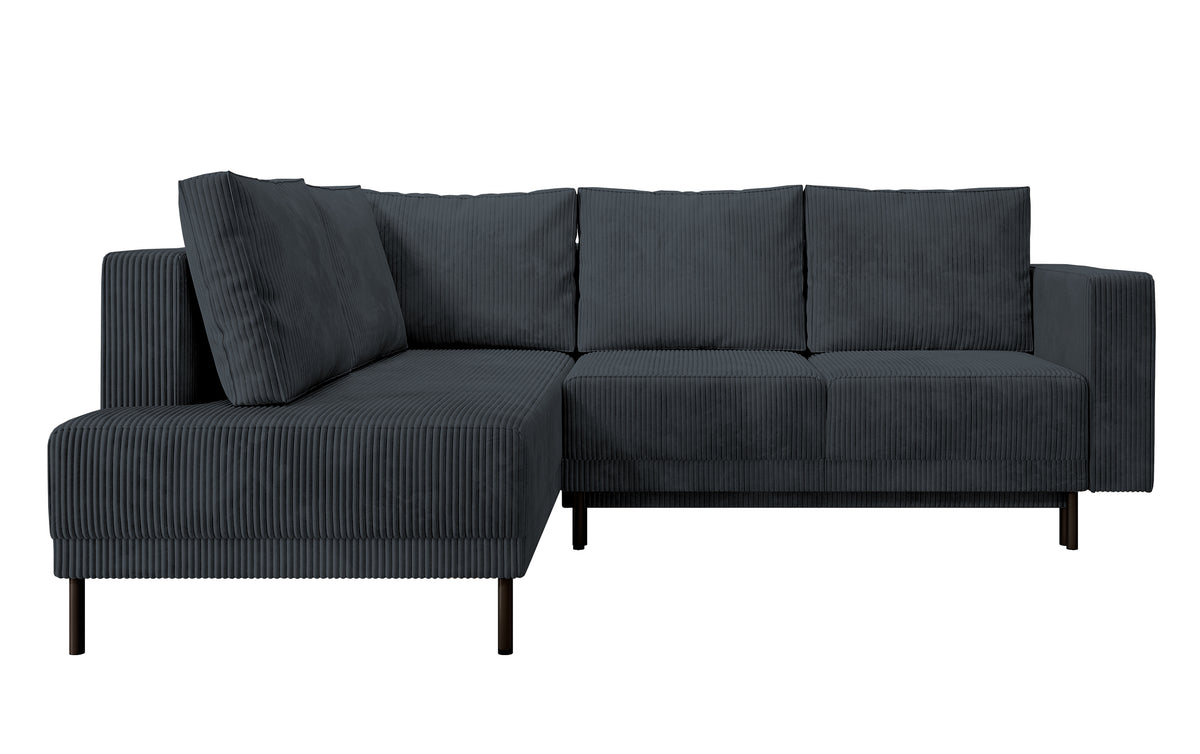 Canapé d'angle Rodario avec fonction couchage et coffre de rangement, velours côtelé gris foncé, orientation gauche
