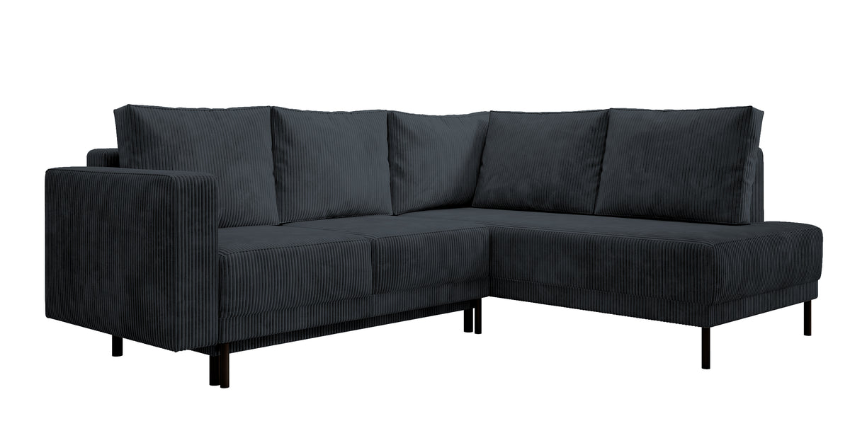 Ecksofa Rodario mit Schlafunktion und Bettkasten, dunkelgrauer Cord, rechtsseitig