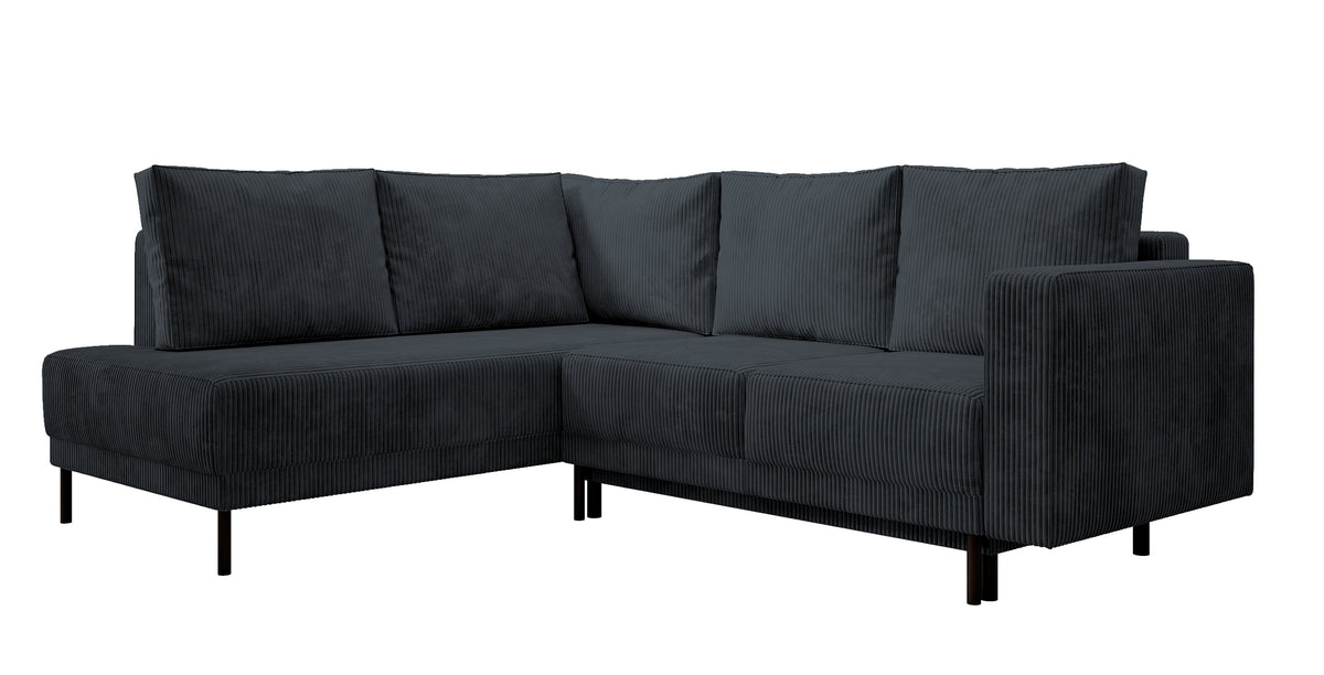 Canapé d'angle Rodario avec fonction couchage et coffre de rangement, velours côtelé gris foncé, orientation gauche