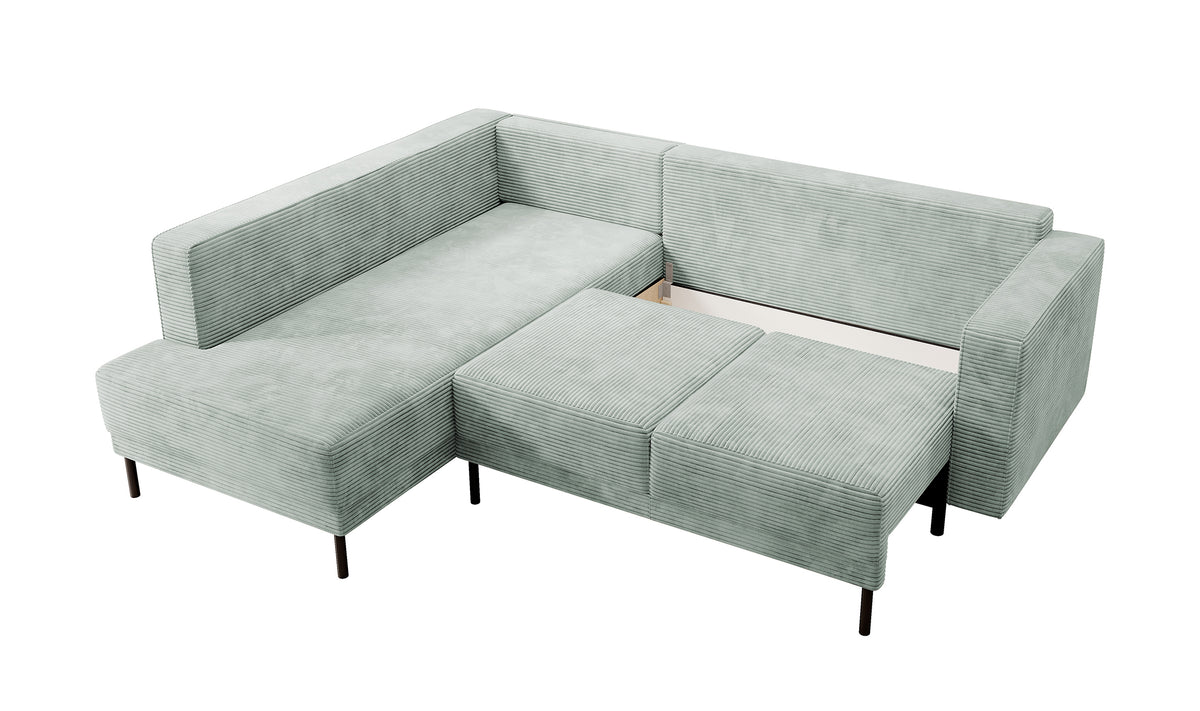 Ecksofa Rodario mit Schlaffunktion und Bettkasten, hellgrauer Cord, linksseitig