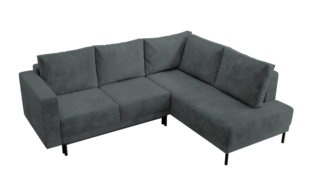 Canapé d'angle Rodario avec fonction couchage et coffre de rangement, velours côtelé gris, côté droit