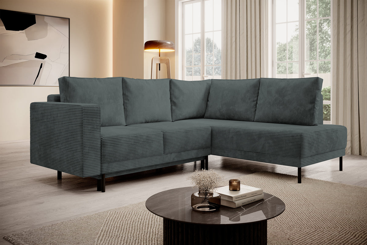 Canapé d'angle Rodario avec fonction couchage et coffre de rangement, velours côtelé gris, côté droit