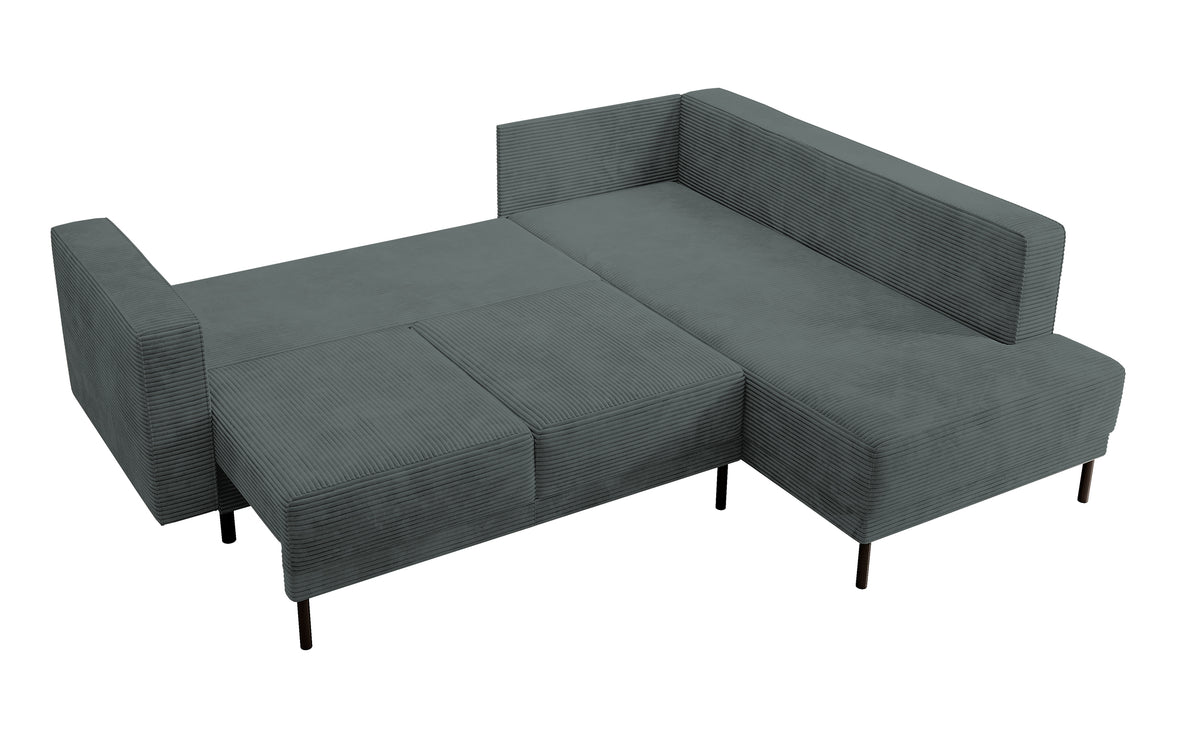 Canapé d'angle Rodario avec fonction couchage et coffre de rangement, velours côtelé gris, côté droit