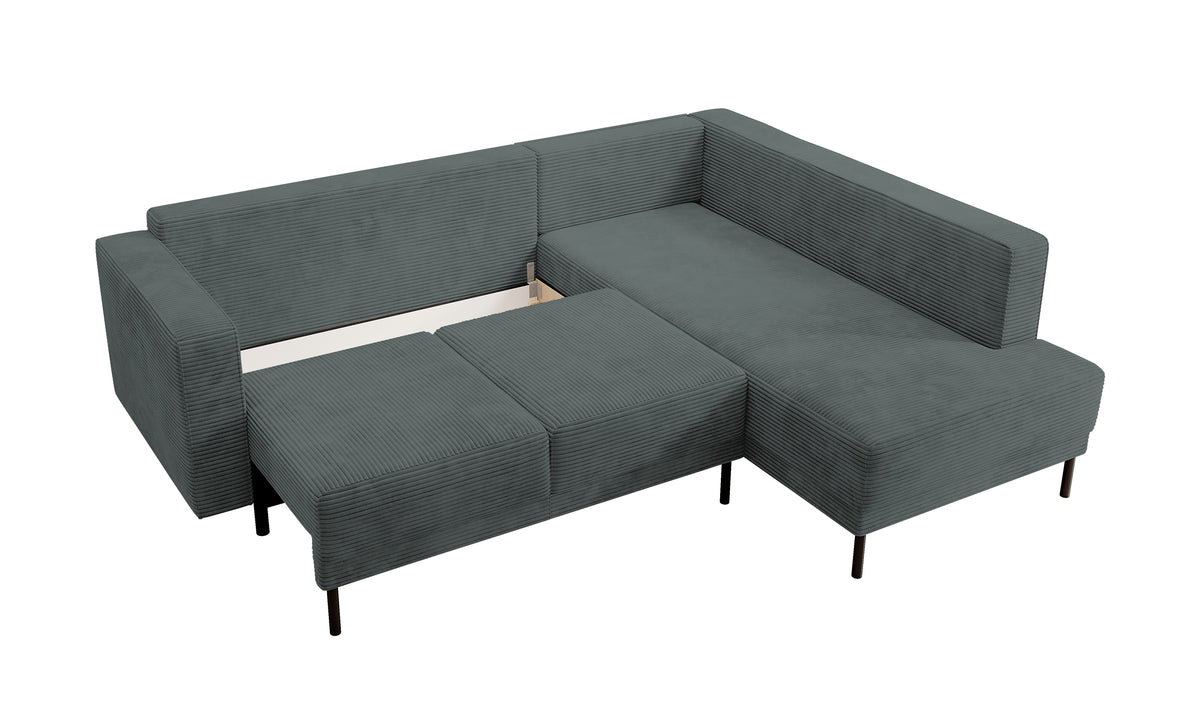Canapé d'angle Rodario avec fonction couchage et coffre de rangement, velours côtelé gris, côté droit