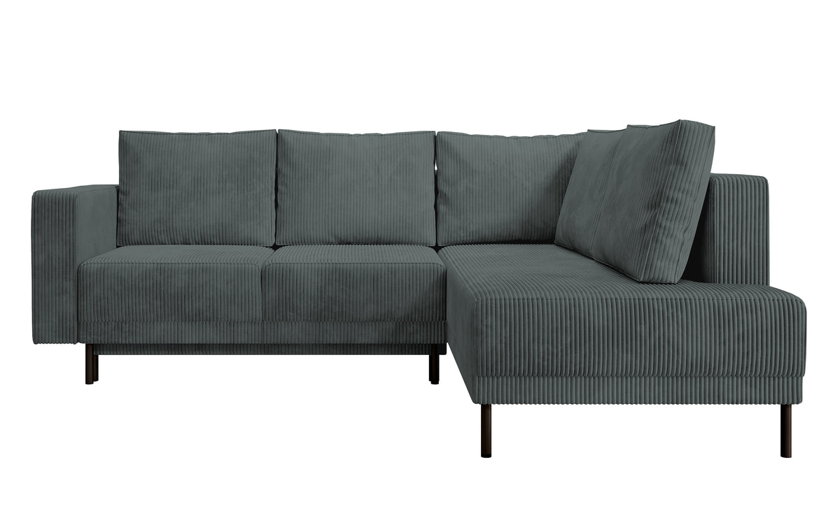 Canapé d'angle Rodario avec fonction couchage et coffre de rangement, velours côtelé gris, côté droit