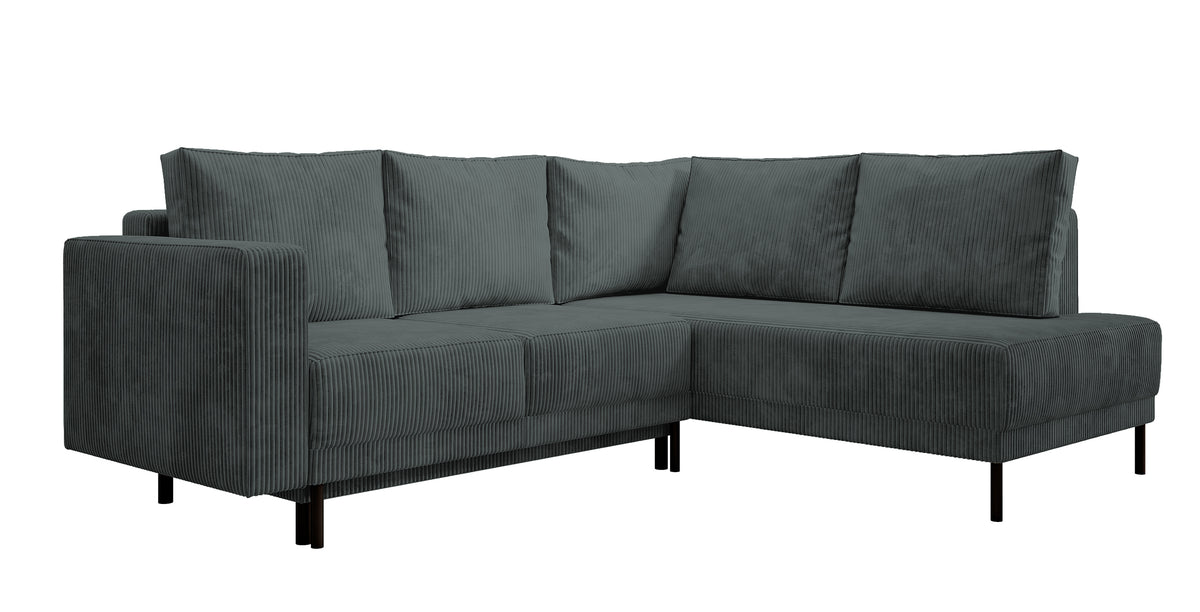 Canapé d'angle Rodario avec fonction couchage et coffre de rangement, velours côtelé gris, côté droit