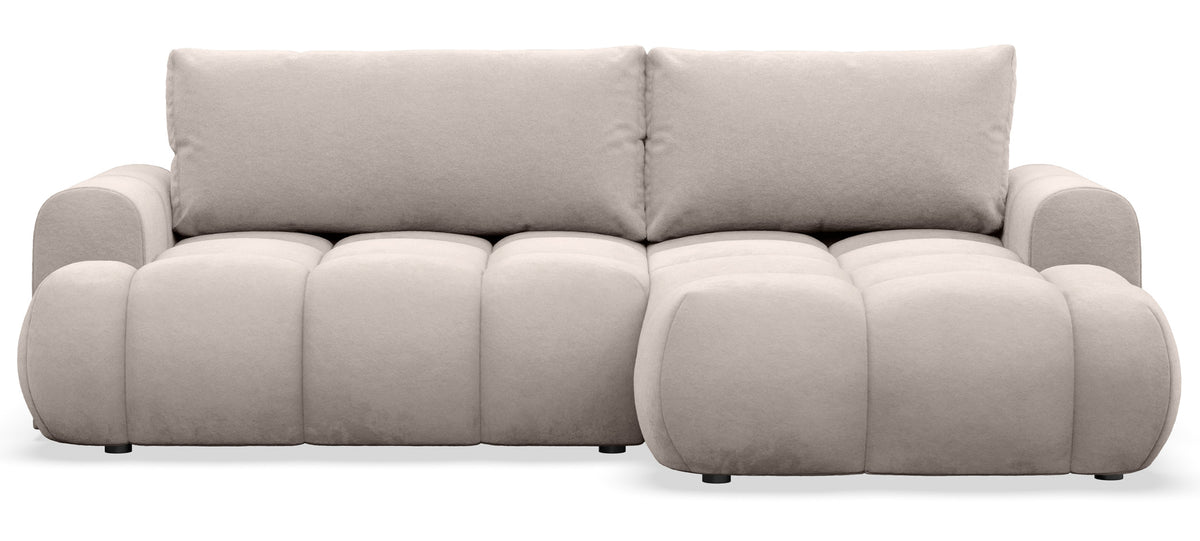Canapé d'angle Ombo Mini en L droit avec fonction couchage et coffre de rangement, velours hydrofuge gris-beige