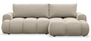 Canapé d'angle Ombo Mini en L, côté droit, avec fonction couchage et coffre de rangement, velours hydrofuge beige