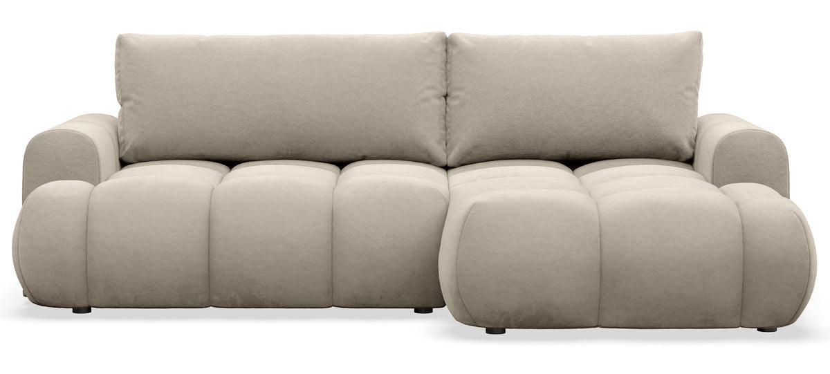 Canapé d'angle Ombo Mini en L, côté droit, avec fonction couchage et coffre de rangement, velours hydrofuge beige