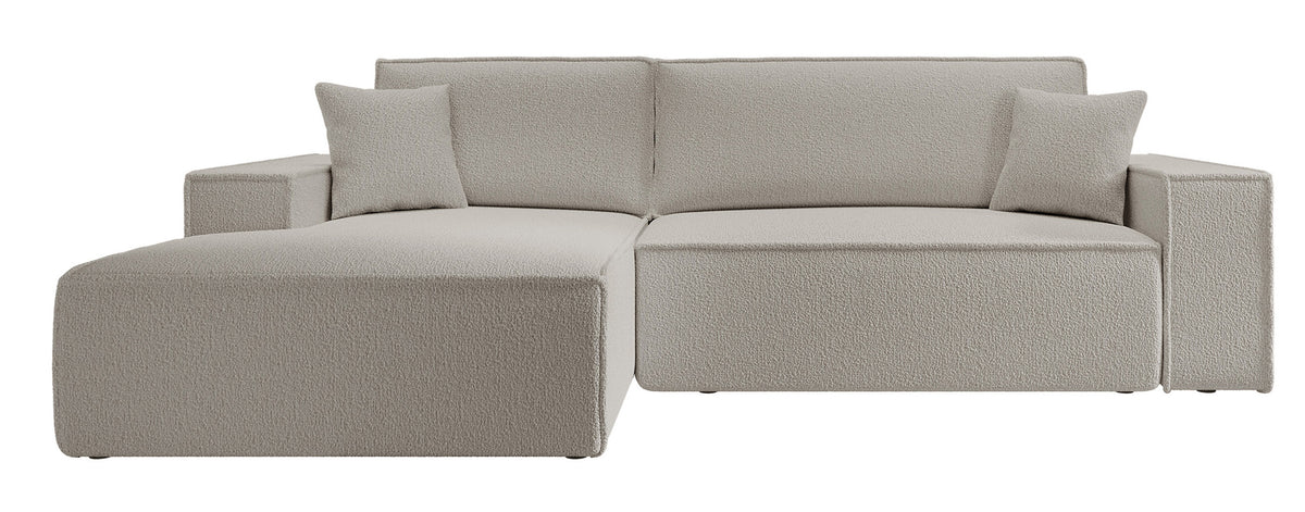 Canapé d'angle avec fonction couchage Farese New en boucle marron, forme en L, avec rangement, côté gauche
