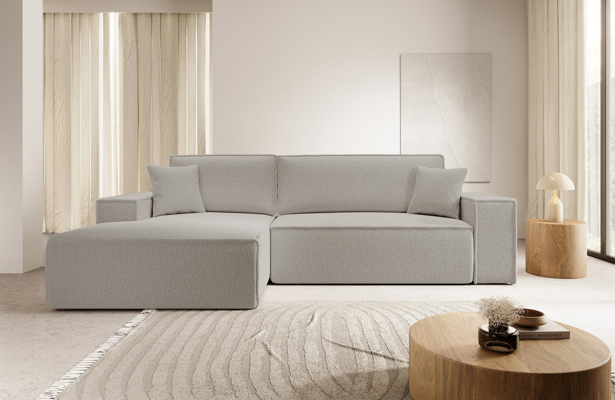Canapé d'angle avec fonction couchage Farese New en boucle marron, forme en L, avec rangement, côté gauche