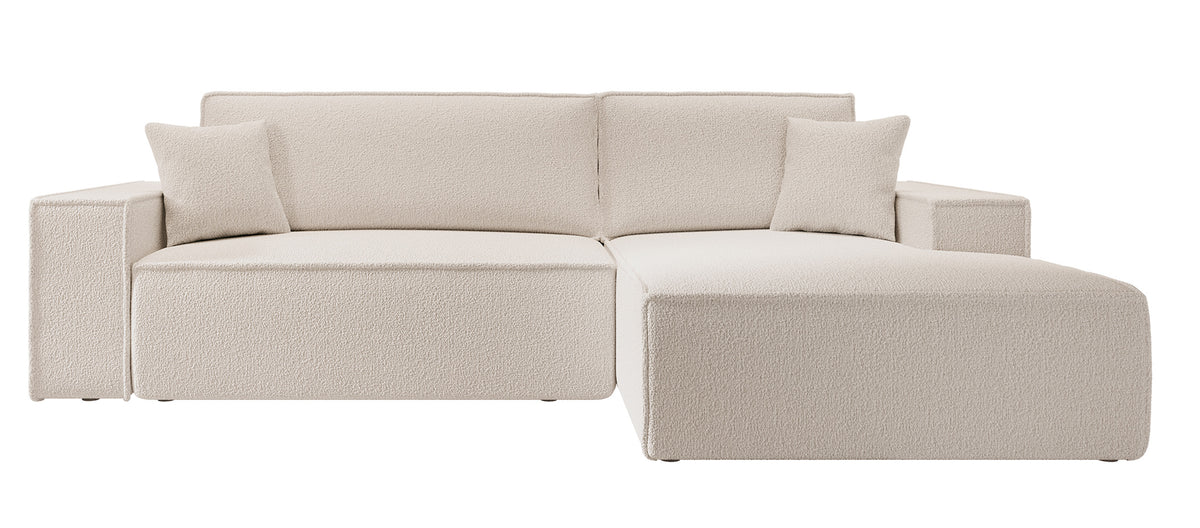Canapé d'angle avec fonction couchage Farese New en boucle beige, forme en L, coffre de rangement, orientation droite