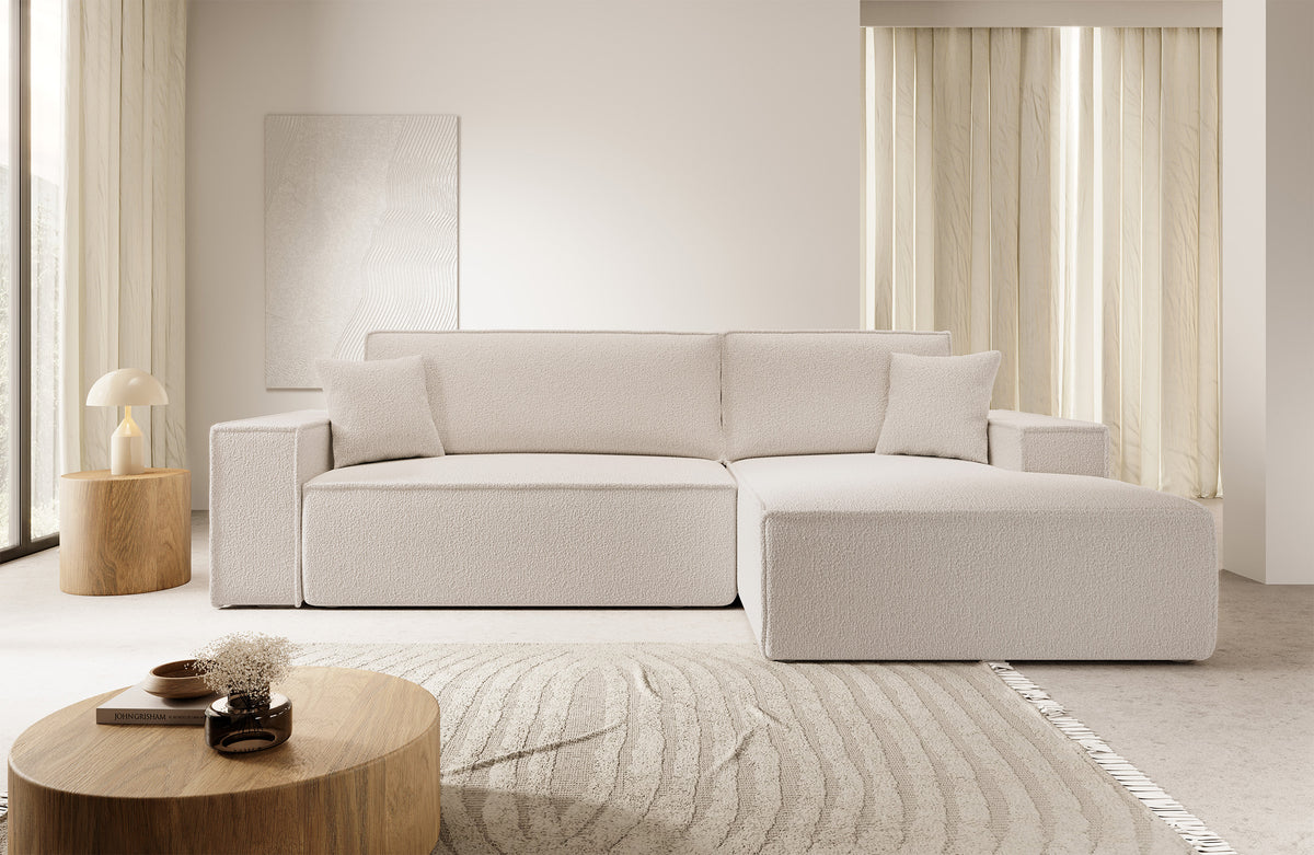 Canapé d'angle avec fonction couchage Farese New en boucle beige, forme en L, coffre de rangement, orientation droite