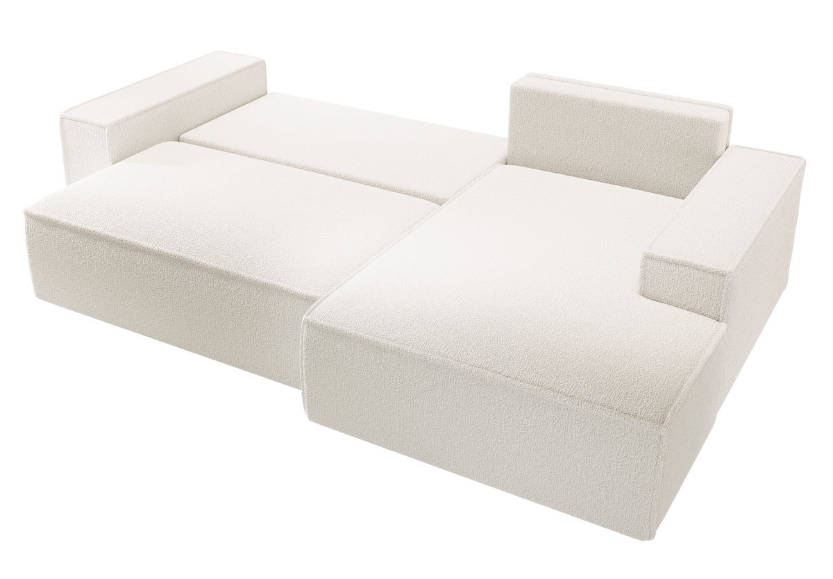 Ecksofa mit Schlaffunktion Farese New, L-förmig, mit Stauraum, cremefarbenes Bouclé, rechtsseitig