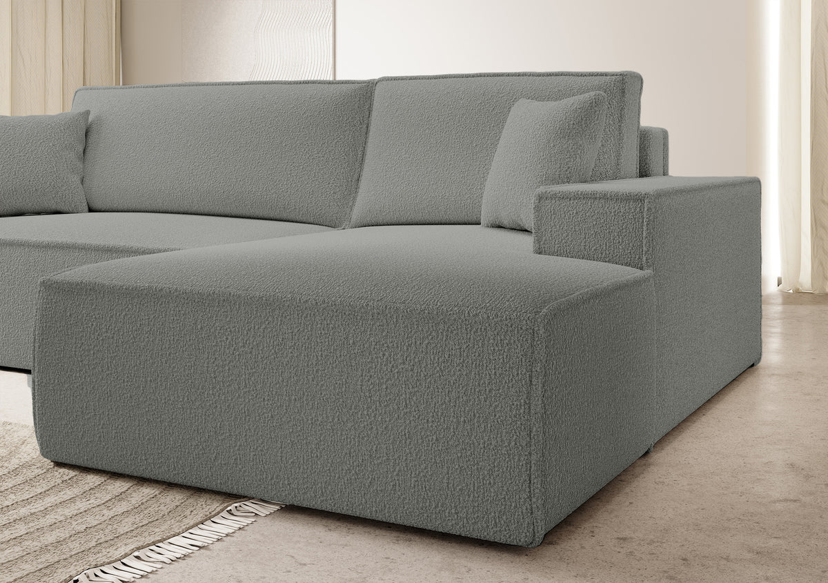 Canapé d'angle avec fonction couchage Farese New en boucle gris, rangement, configuration droite