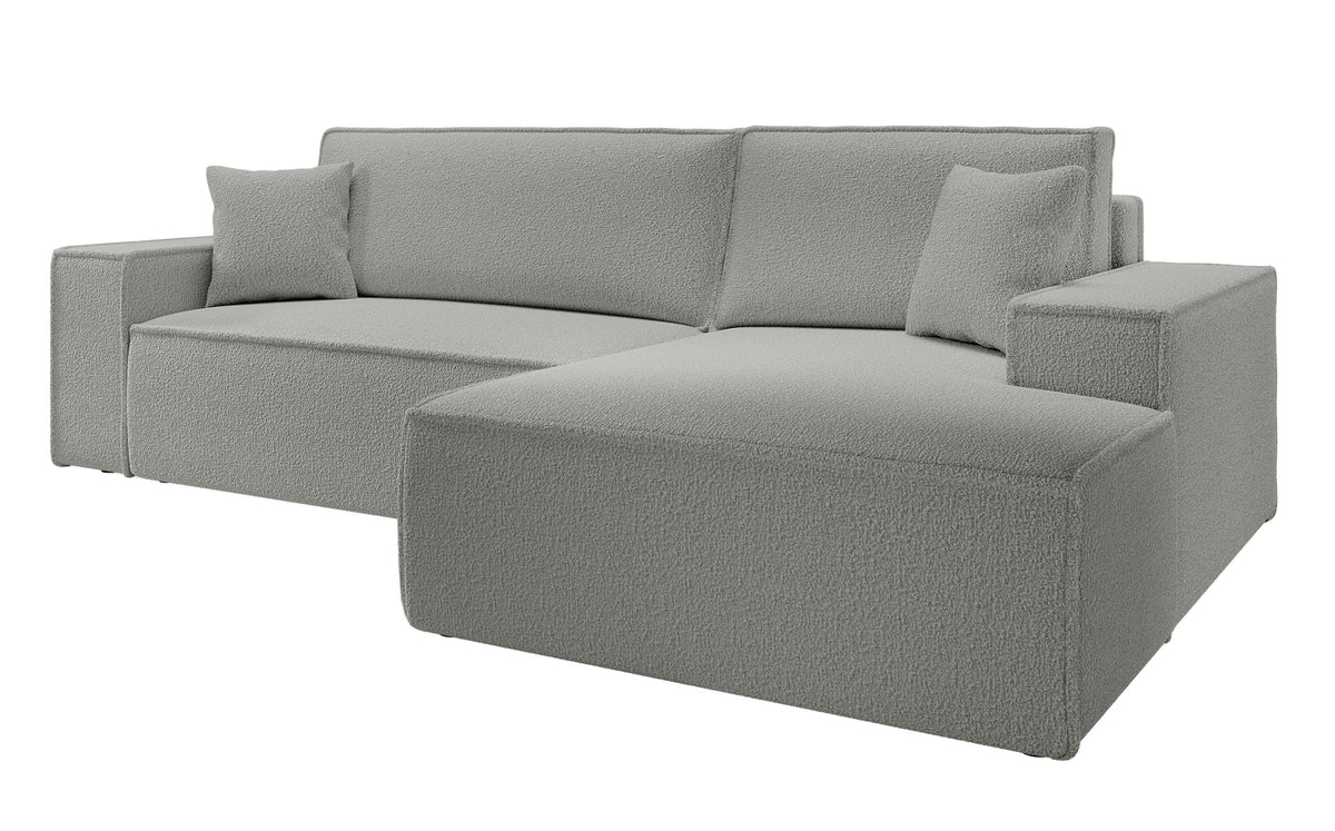 Canapé d'angle avec fonction couchage Farese New en boucle gris, rangement, configuration droite