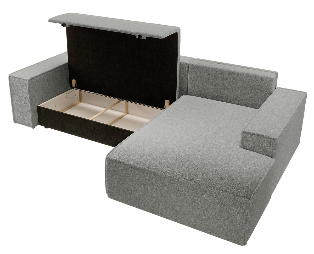 Canapé d'angle avec fonction couchage Farese New en boucle gris, rangement, configuration droite