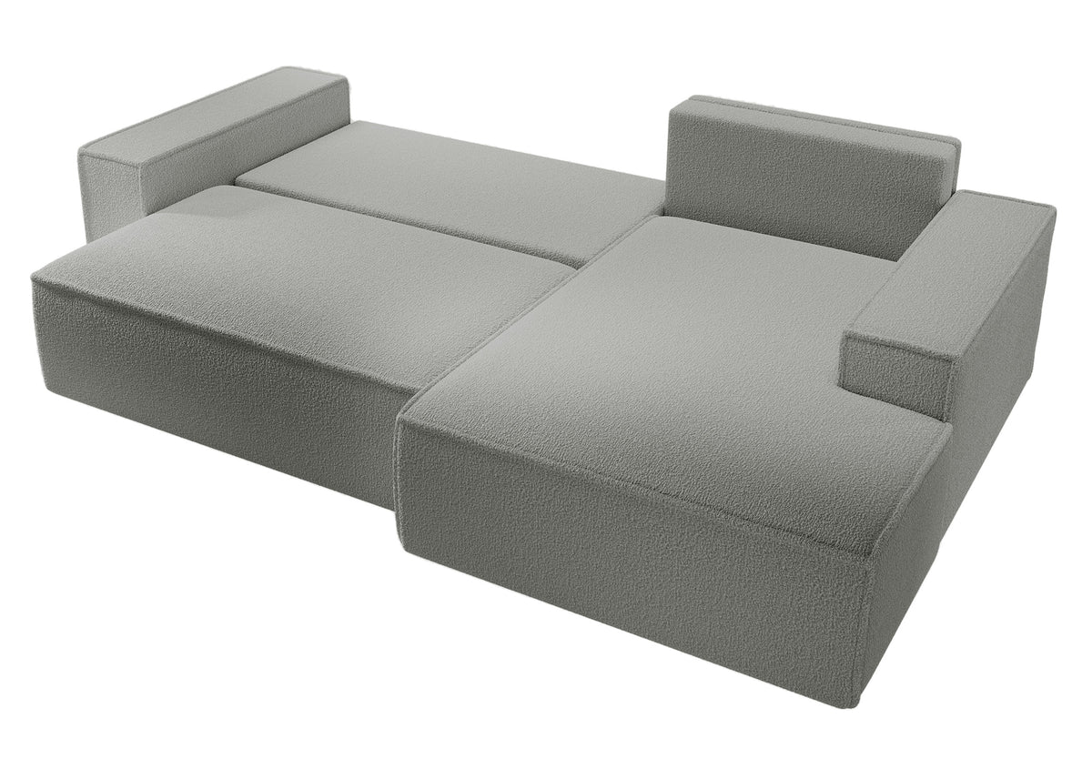 Canapé d'angle avec fonction couchage Farese New en boucle gris, rangement, configuration droite