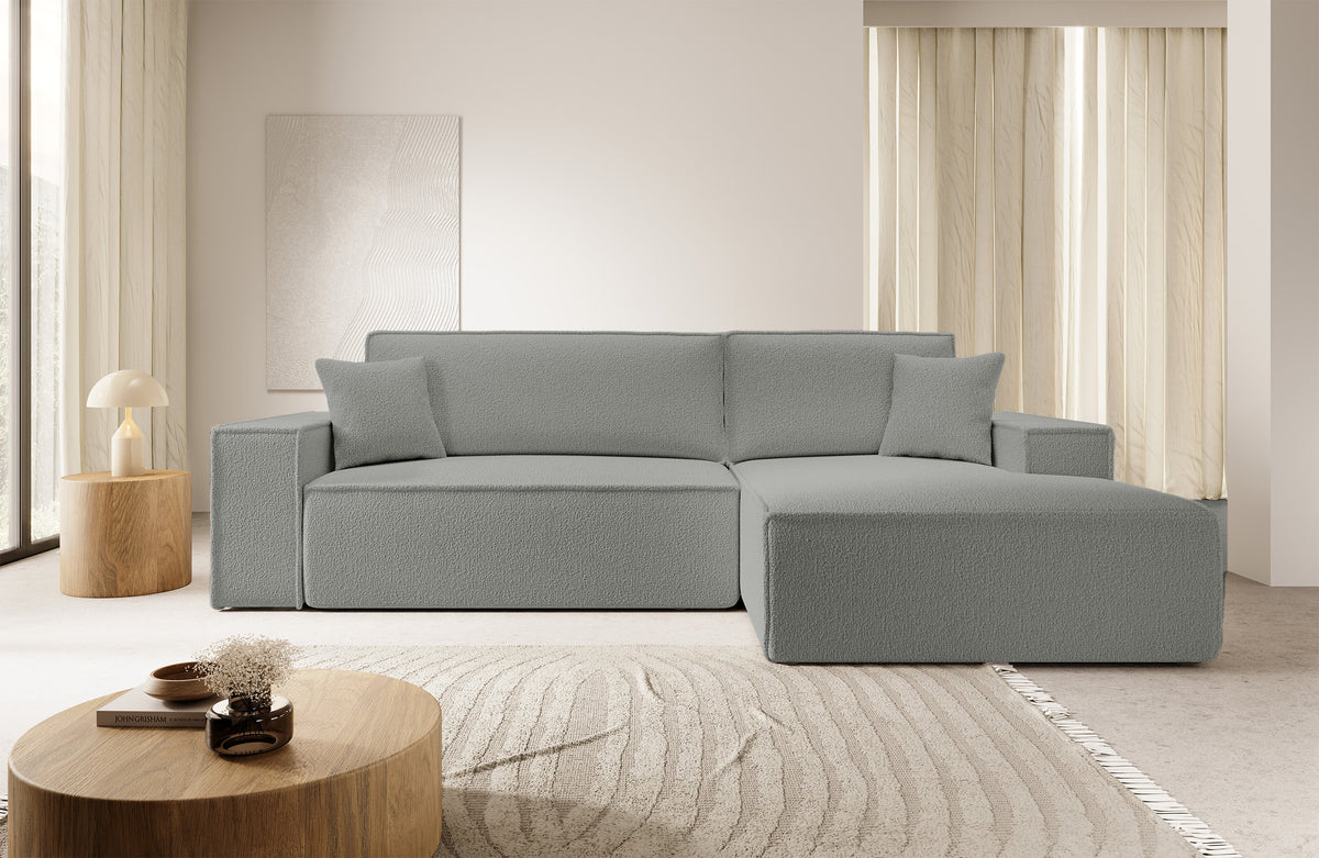 Canapé d'angle avec fonction couchage Farese New en boucle gris, rangement, configuration droite