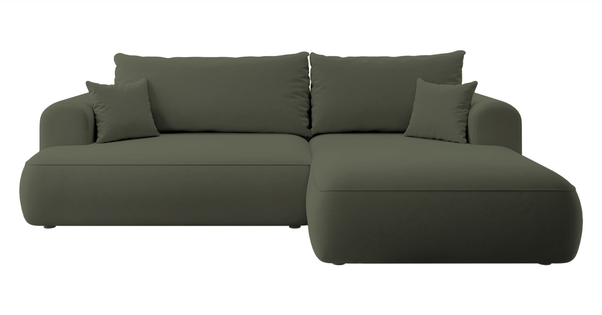 Canapé d’angle convertible Ovo en velours olive avec coffre de rangement en tissu facile d’entretien, modèle droit