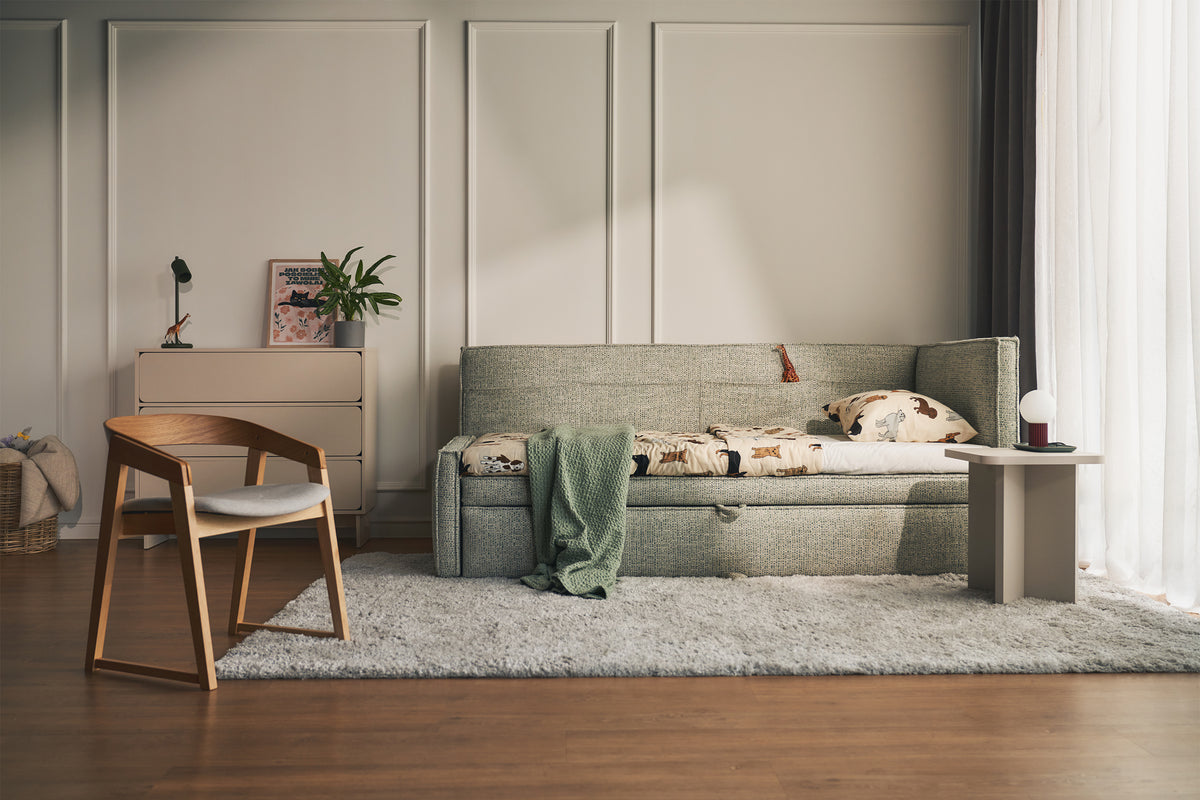 Lit junior 90x200 cm Nesmi droit avec rangement tissage sauge