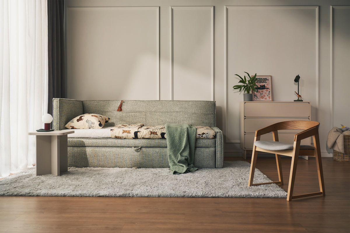 Lit junior 90x200 cm Nesmi gauche avec rangement, tissage sauge