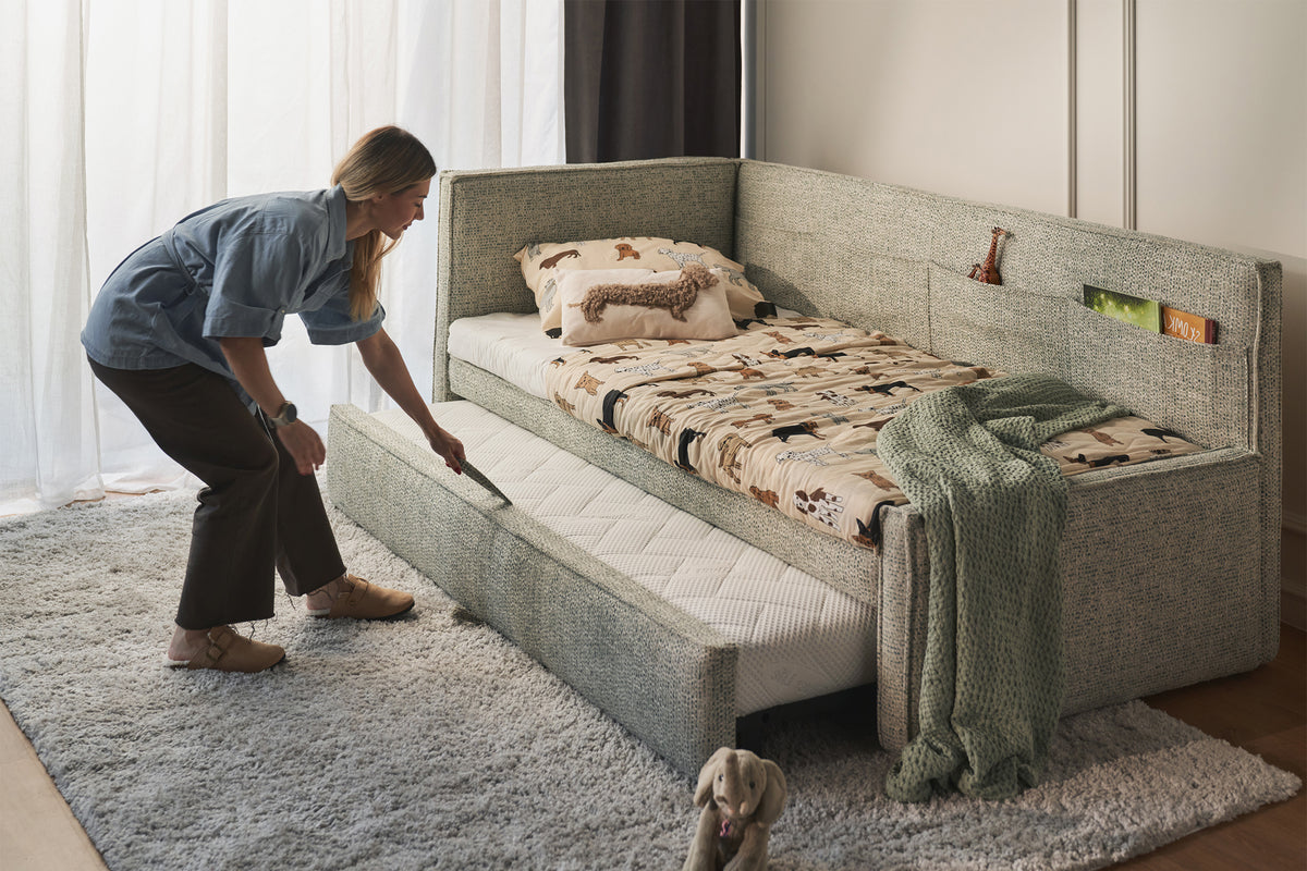 Lit d'adolescent 90x200 cm Nesmi tiroir gauche avec matelas en osier sauge